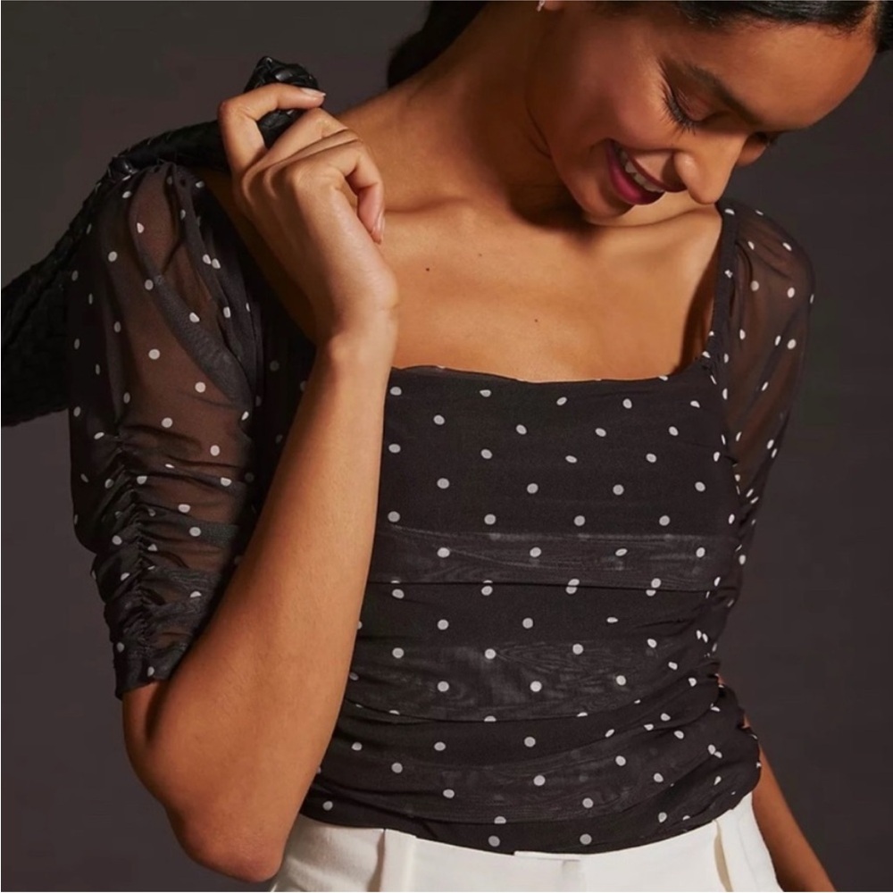 Anthropologie Shirred Sheer Mesh Overlay Black Polka Dot Top